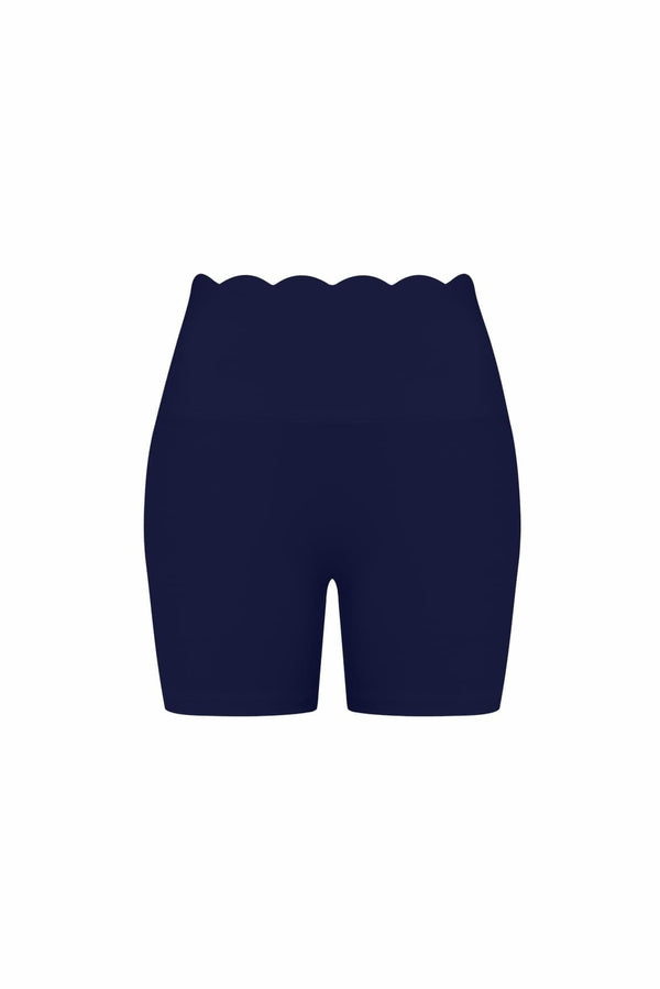 Easelyn High-Waist Scrunch Biker Shorts in Midnight Blue, flat front view showing the scalloped high waistband