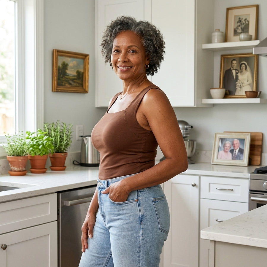 Curvy woman wearing the coffee EaseHold built-in bra tank, held and smooth with no bra