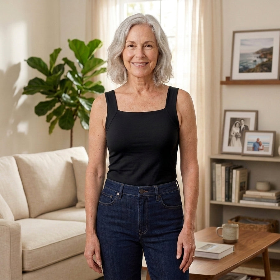 Woman in her 60s wearing the black EaseHold built-in bra comfort tank with jeans