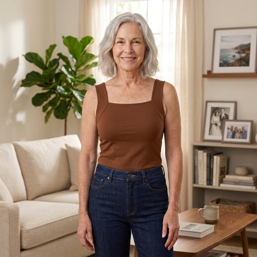 Woman in her 60s wearing the coffee EaseHold built-in bra comfort tank with jeans