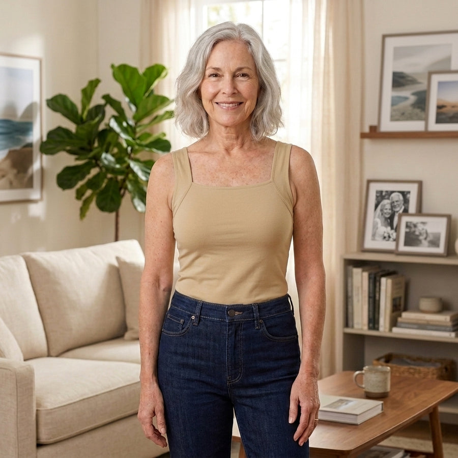 Woman in her 60s wearing the khaki EaseHold built-in bra comfort tank with jeans