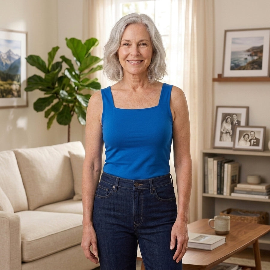Woman in her 60s wearing the pastel blue EaseHold built-in bra comfort tank with jeans