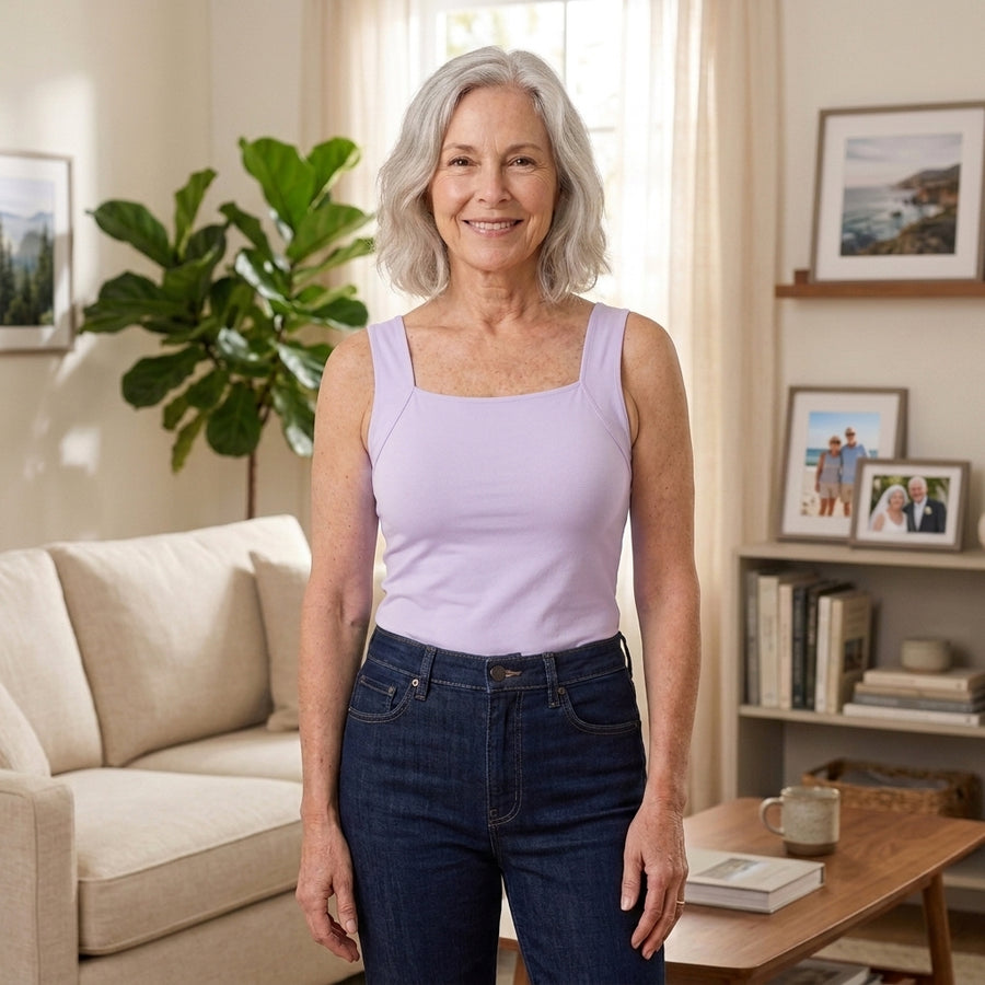 Woman in her 60s wearing the pastel purple EaseHold built-in bra comfort tank with jeans