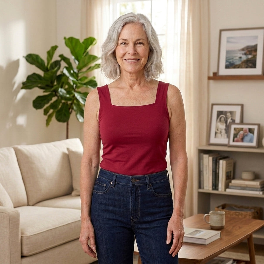 Woman in her 60s wearing the red wine EaseHold built-in bra comfort tank with jeans