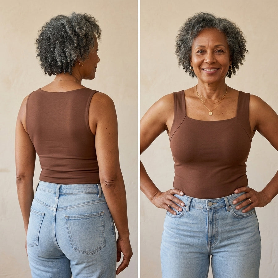 Back and front view of the coffee EaseHold tank on a fuller bust