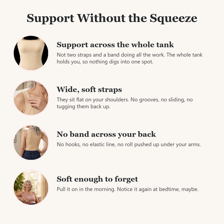 Support without the squeeze: whole-tank support, wide straps, no back band, soft fabric