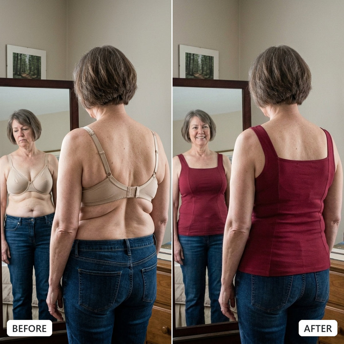 Before and after in the mirror: bra rolls and a slumped look, then smooth, lifted and smiling in the EaseHold tank