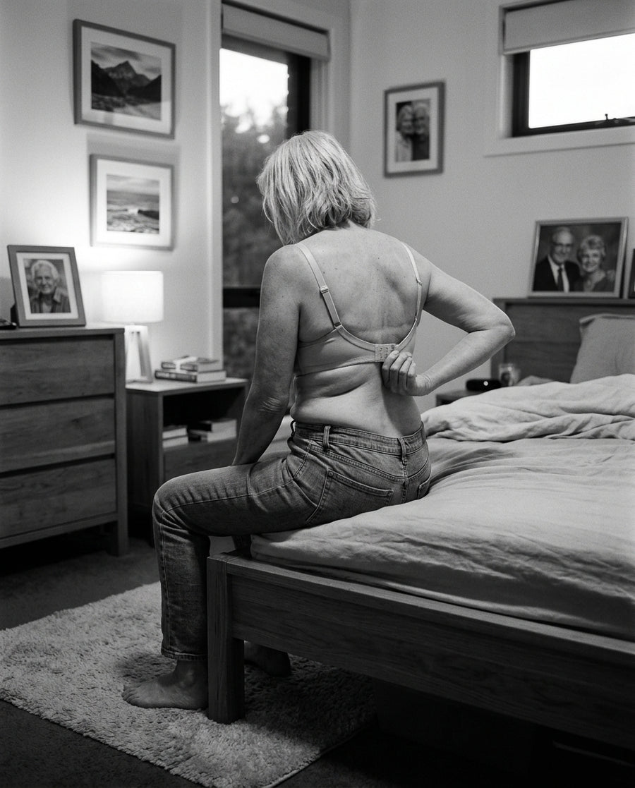 A woman easing off a bra that left red grooves in her shoulders