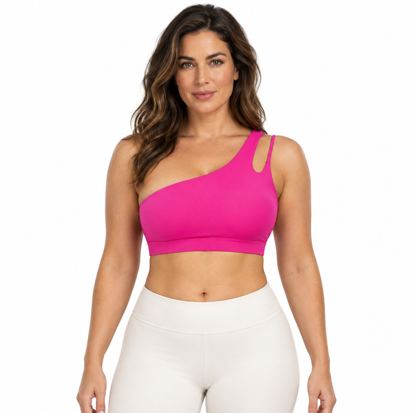 Easelyn Asymmetric One-Shoulder Sports Bra in Pink