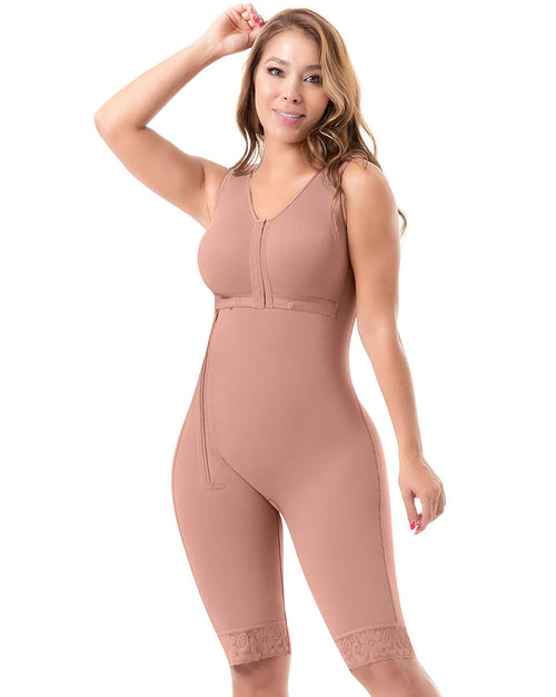 Post Surgery Compression Garment Knee Length Fajas with Built-In Bra and High Back for Postpartum Recovery