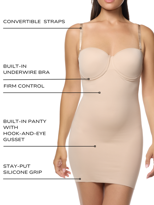 Shapewear Slip Strapless Targeted Control Body Shaper with Built-In Bra