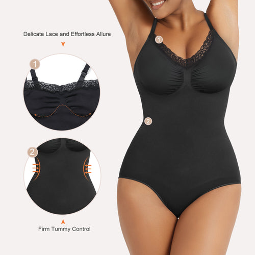 Lace Seamless Tummy Control Bodysuit with Adjustable Straps Firm Compression