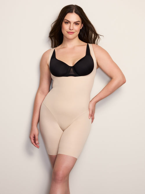 Shape Away Open-Bust Thigh Slimmer Bodysuit - Warm Beige