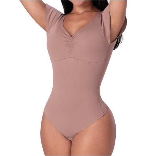 Fajas Flutter-Sleeve Bodysuit Light Control V-Neck Shaper