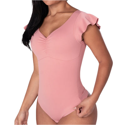 Fajas Flutter-Sleeve Bodysuit Light Control V-Neck Shaper