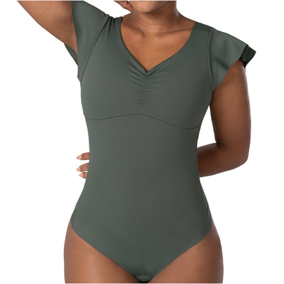 Fajas Flutter-Sleeve Bodysuit Light Control V-Neck Shaper