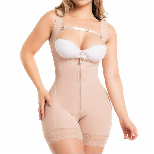 Fajas Mid Thigh Firm Compression Full Body Shaper for Women Butt Lifter Open Bust Postpartum Bodysuit Powernet