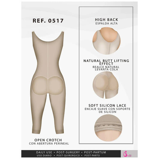 Fajas Post Surgery Stage 1 Butt Lifter Full Bodysuit Open Bust Knee Length Body Shaper for Women Powernet