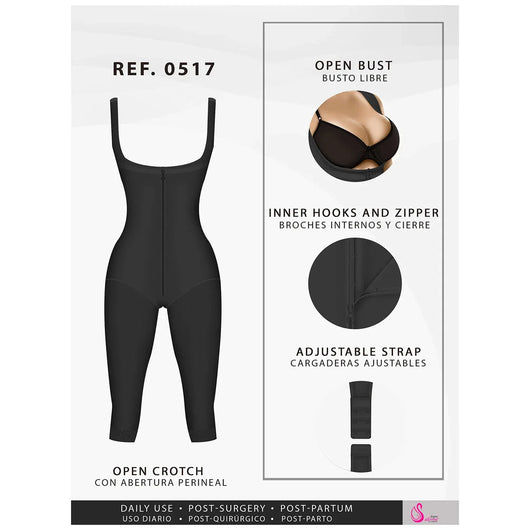 Fajas Post Surgery Stage 1 Butt Lifter Full Bodysuit Open Bust Knee Length Body Shaper for Women Powernet
