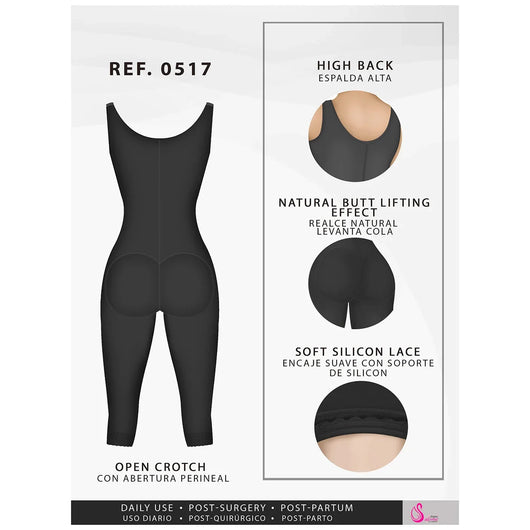 Fajas Post Surgery Stage 1 Butt Lifter Full Bodysuit Open Bust Knee Length Body Shaper for Women Powernet