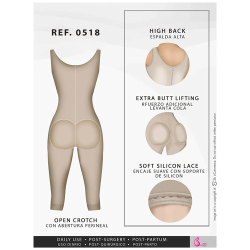 Fajas Stage 1 Post Surgery Bodysuit Knee Length Full Body Shaper for Women Powernet