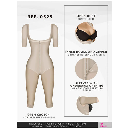 Fajas Post Surgery Bodysuit Full Body Shaper for Women Tummy Control Butt Lifter Knee Length Shapewear with Sleeves Powernet