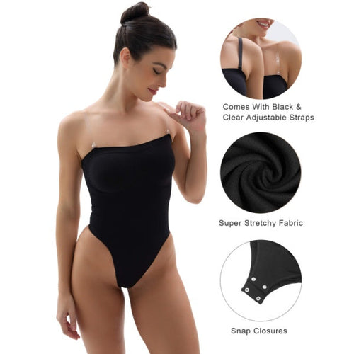 Strapless Thong Shapewear Bodysuit with Medium-Strong Compression and Snap Closure