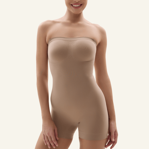 Strapless Mid-Thigh Shapewear Bodysuit with Thigh Smoothing and Convertible Straps