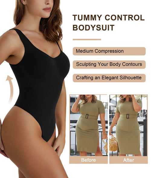 Shapewear Bodysuit With Wide Straps Thong Back Medium Plus Compression