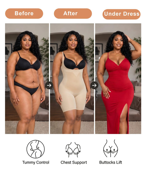 X-Panel Open-Bust Mid-Thigh Bodysuit