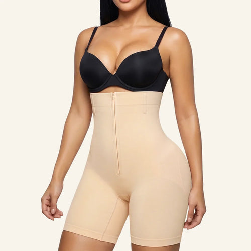 High-Waist Zip-Up Shapewear Shorts With Open Gusset and Tummy Control
