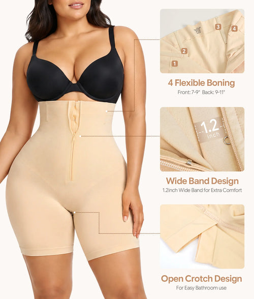 High-Waist Zip-Up Shapewear Shorts With Open Gusset and Tummy Control