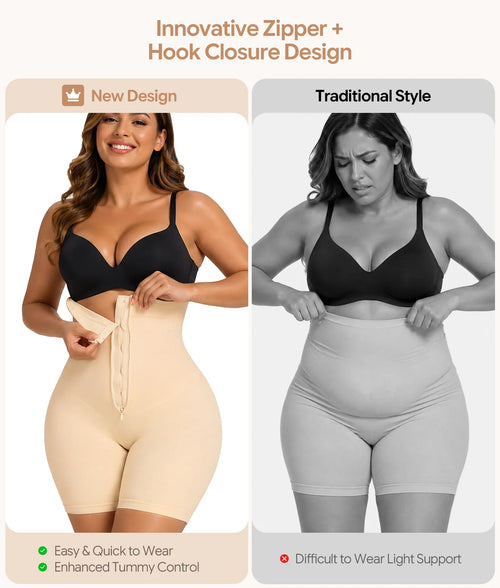 High-Waist Zip-Up Shapewear Shorts With Open Gusset and Tummy Control