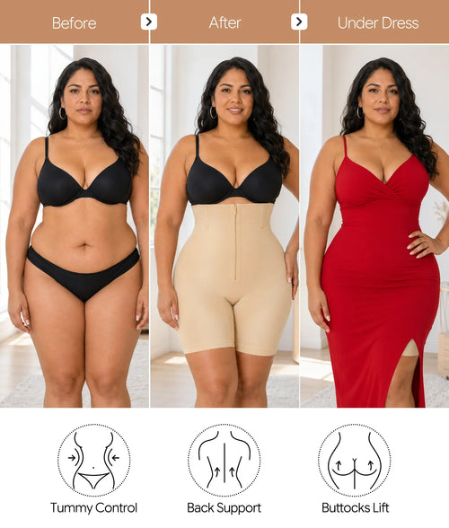 High-Waist Zip-Up Shapewear Shorts With Open Gusset and Tummy Control
