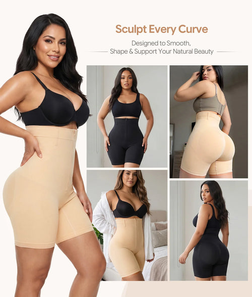 High-Waist Zip-Up Shapewear Shorts With Open Gusset and Tummy Control