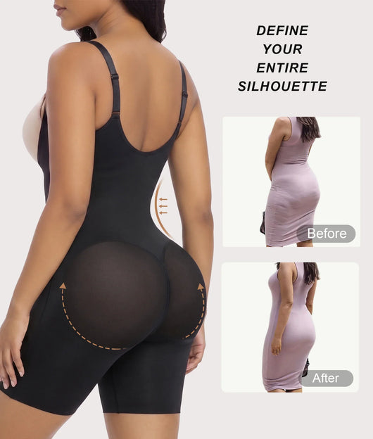 Open-Bust Bonded Zip-Up Mid-Thigh Bodysuit