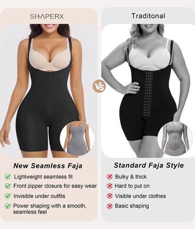 Open-Bust Bonded Zip-Up Mid-Thigh Bodysuit