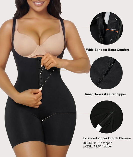 Open-Bust Bonded Zip-Up Mid-Thigh Bodysuit
