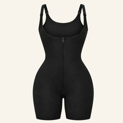 Open-Bust Bonded Zip-Up Mid-Thigh Bodysuit