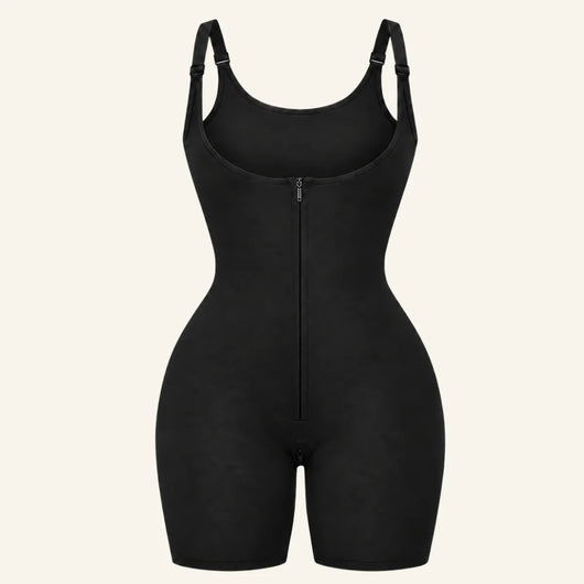 Open-Bust Bonded Zip-Up Mid-Thigh Bodysuit