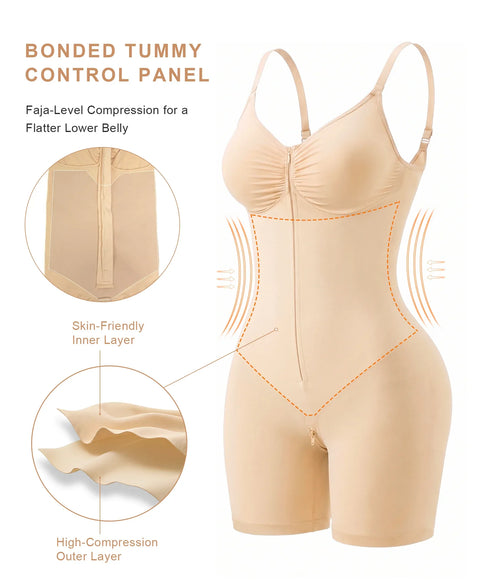 Shapewear Bodysuit Zip-Front Brief With Bonded Core Panel