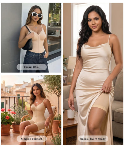 Bonded-Core Zip-Up Brief Bodysuit