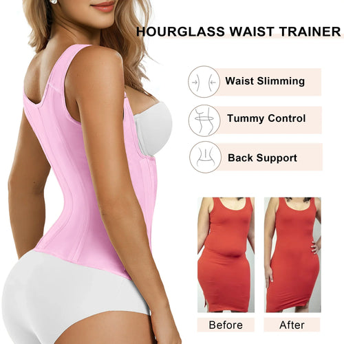 Waist Trainer 15-Bone Zip-Front Vest with Adjustable Straps
