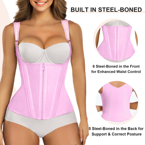 Waist Trainer 15-Bone Zip-Front Vest with Adjustable Straps