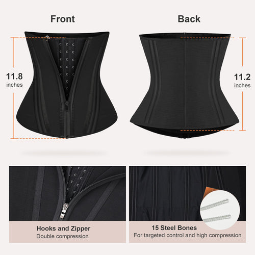 15-Bone Zip-Front Waist Trainer with Latex-Free Compression for Hourglass Shaping