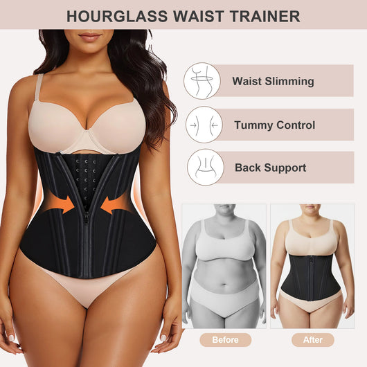 15-Bone Zip-Front Hourglass Shaping Waist Trainer