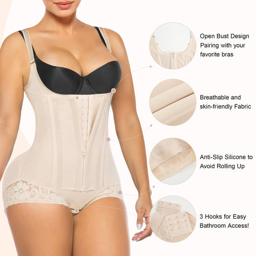8-Bone Tummy Control Panties Open-Bust Brief Faja with High Compression Zip Front