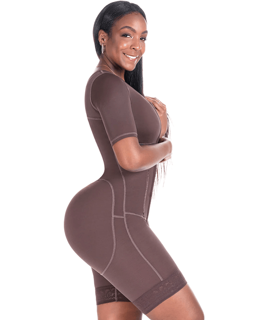 Colombian Fajas with Sleeves and Built-In Bra - Chocolate