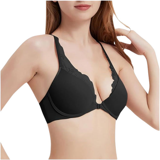Easelyn Lace-Trim Front-Closure Bra in Black