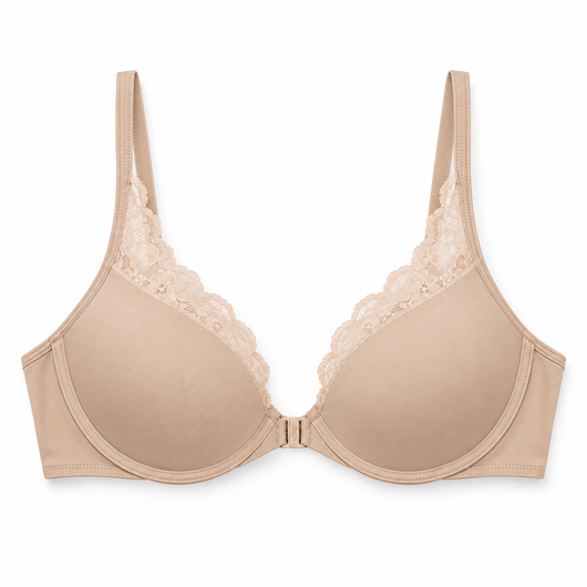 Easelyn Lace-Trim Front-Closure Bra in Beige